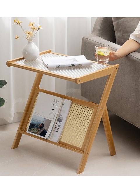 Rattan Side Table, Z Shape Mid Century End Table Modern Bamboo Accent Bedside Nightstand Tables with Magazine Rack Glass-top Boho Table for Bedroom Living Room, Walnut, Large