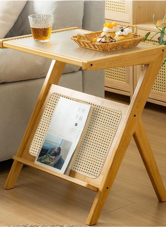 Arabest - Rattan Side Table, Z Shape Mid Century End Table Modern Bamboo Accent Bedside Nightstand Tables with Magazine Rack Glass-top Boho Table for Bedroom Living Room, Walnut, Large - Image 1