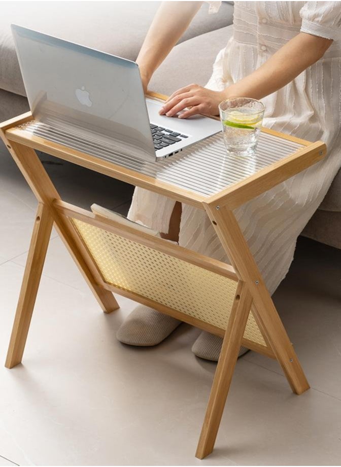 Arabest - Rattan Side Table, Z Shape Mid Century End Table Modern Bamboo Accent Bedside Nightstand Tables with Magazine Rack Glass-top Boho Table for Bedroom Living Room, Walnut, Large - Image 1