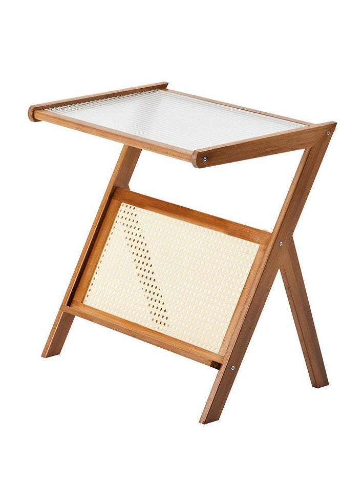 Arabest - Rattan Side Table, Z Shape Mid Century End Table Modern Bamboo Accent Bedside Nightstand Tables with Magazine Rack Glass-top Boho Table for Bedroom Living Room, Walnut, Large - Image 1