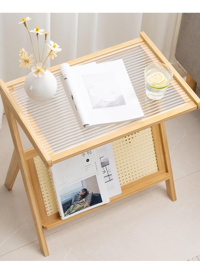 Arabest - Rattan Side Table, Z Shape Mid Century End Table Modern Bamboo Accent Bedside Nightstand Tables with Magazine Rack Glass-top Boho Table for Bedroom Living Room, Walnut, Large - Image 1