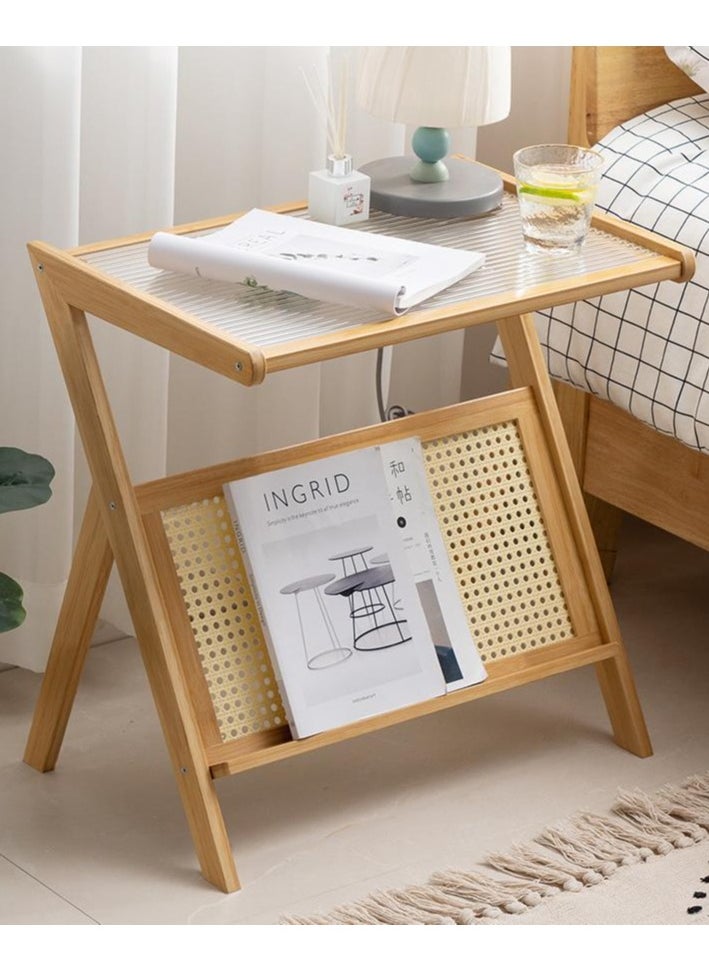Arabest - Rattan Side Table, Z Shape Mid Century End Table Modern Bamboo Accent Bedside Nightstand Tables with Magazine Rack Glass-top Boho Table for Bedroom Living Room, Walnut, Large - Image 1