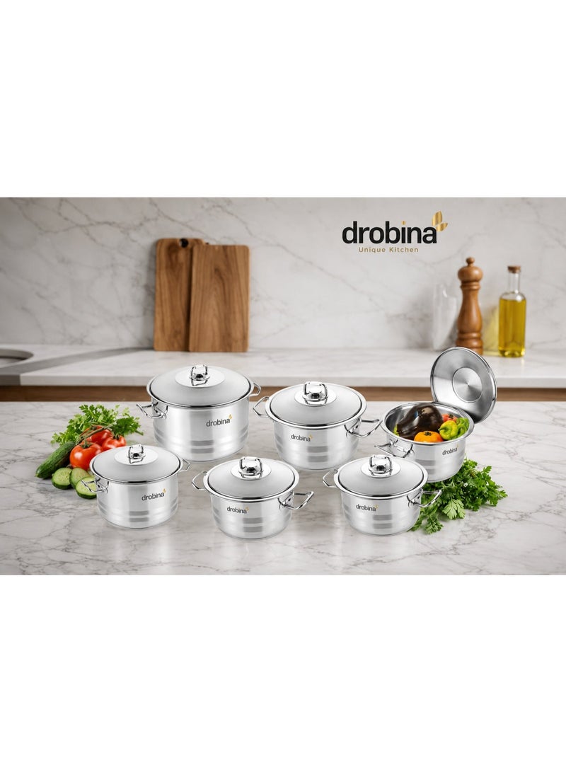 Drobina Pots Set 12 Pieces Turkish Stainless Steel Steel Lids 18/10 - Image 1
