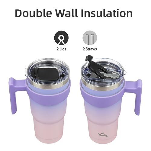 Konokyo 20 oz Tumbler with Handle and 2 Straw 2 Lid, Insulated Water Bottle Stainless Steel Vacuum Cup Reusable Travel Mug,Pastel Sunset - Image 3