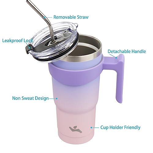 Konokyo 20 oz Tumbler with Handle and 2 Straw 2 Lid, Insulated Water Bottle Stainless Steel Vacuum Cup Reusable Travel Mug,Pastel Sunset - Image 2