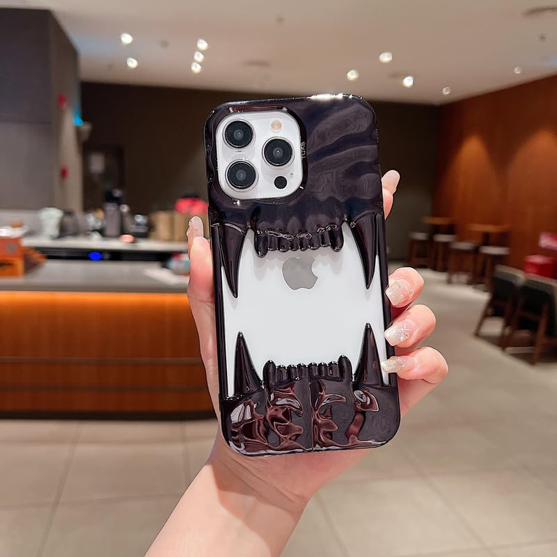 US LITE Shockproof Designer 3D Fangs Case for iPhone 14 Pro Max | Metallic Chrome | Precise Cutouts | Anti-Scratch Grip | Full Camera Protection and Stylish Look - Black - Image 1