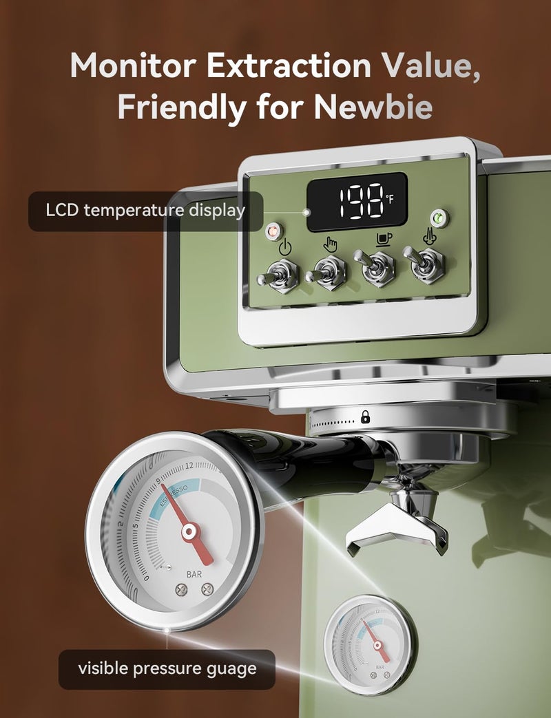 Neretva Espresso Machine, 58mm Professional Espresso Coffee Machine 15 Bar Retro Espresso Maker with Powerful Milk Frother & Visible Pressure Gauge for Home Barista Latte and Cappuccino Maker-Green - Image 2