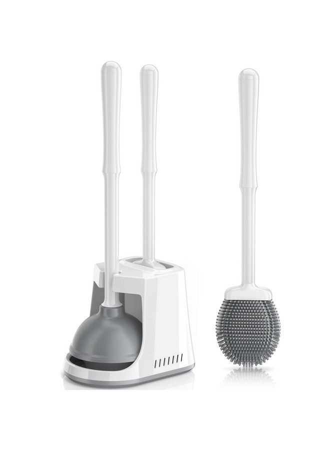 LOVLOY Unique Toilet Plunger and Brush, Silicone Brush and Heavy Duty Toilet Plunger Set with Ventilated Holder, 2-in-1 Toilet Brush and Plunger Combo for Bathroom Cleaning-New Pack (White) - Image 1