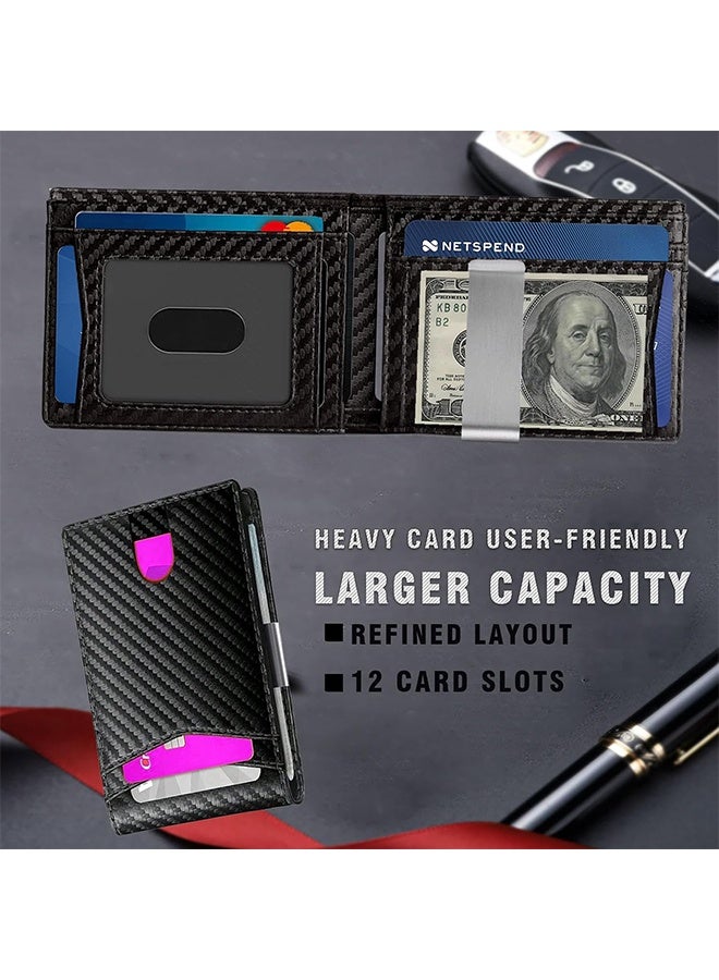Mens Slim Wallet gifts for men with Money Clip 12 Card Slots ID Window RFID Blocking Holder Minimalist Small Leather Bifold Men's Front Pocket Wallet Gift Box mens gifts (carbon black) - Image 3