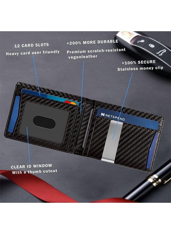 Mens Slim Wallet gifts for men with Money Clip 12 Card Slots ID Window RFID Blocking Holder Minimalist Small Leather Bifold Men's Front Pocket Wallet Gift Box mens gifts (carbon black) - Image 4