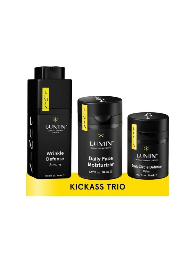 LUMIN Kickass Trio - Daily Face Moisturizer, Wrinkle Defense Serum & Dark Circle Defense Balm, Anti-aging skincare routine for men, Help with Clogged Pores, Dark Circles, Fine Lines, Wrinkles - Image 1
