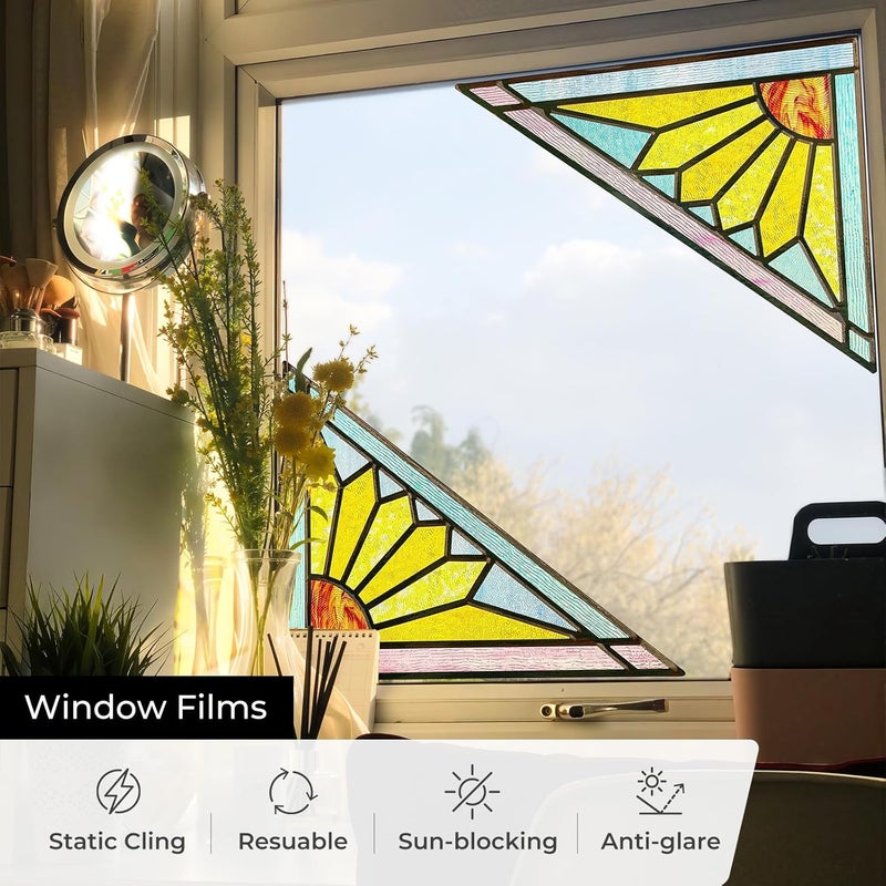 ADD.HERES Stained Glass Window Film Privacy for Glass Windows, Window Privacy Film UV Blocking Static Cling for Home Kitchen Office Bathroom, Geometric Sun 34.7x34.5D - Image 4