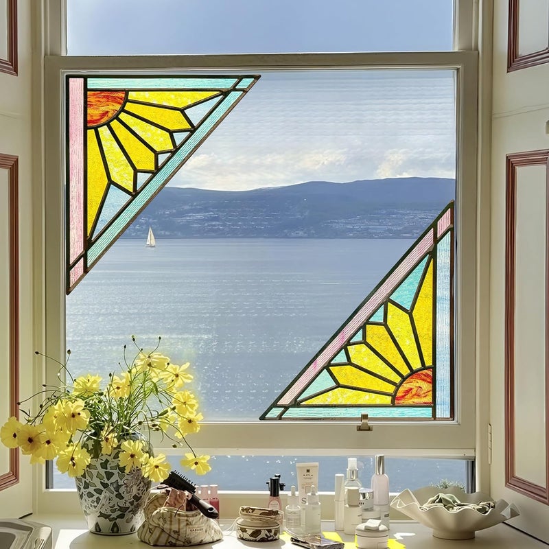 ADD.HERES Stained Glass Window Film Privacy for Glass Windows, Window Privacy Film UV Blocking Static Cling for Home Kitchen Office Bathroom, Geometric Sun 34.7x34.5D - Image 1