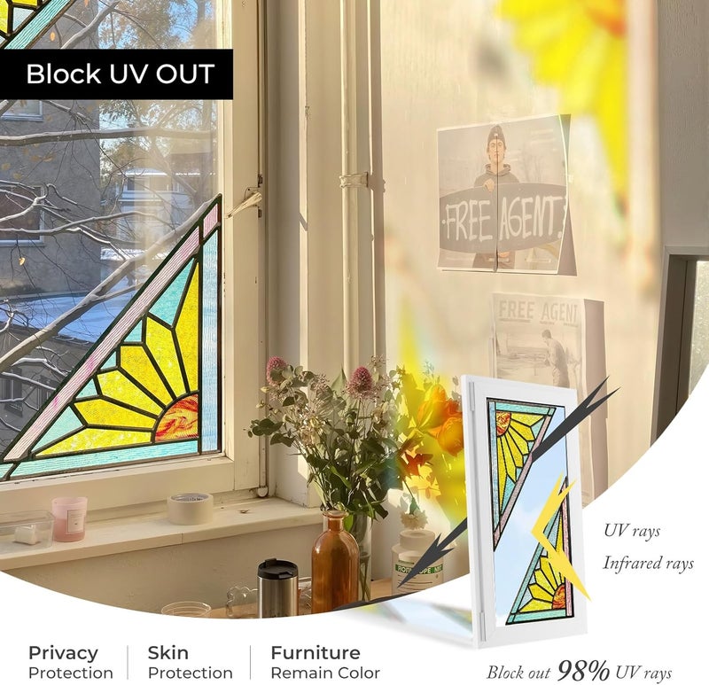 ADD.HERES Stained Glass Window Film Privacy for Glass Windows, Window Privacy Film UV Blocking Static Cling for Home Kitchen Office Bathroom, Geometric Sun 34.7x34.5D - Image 5