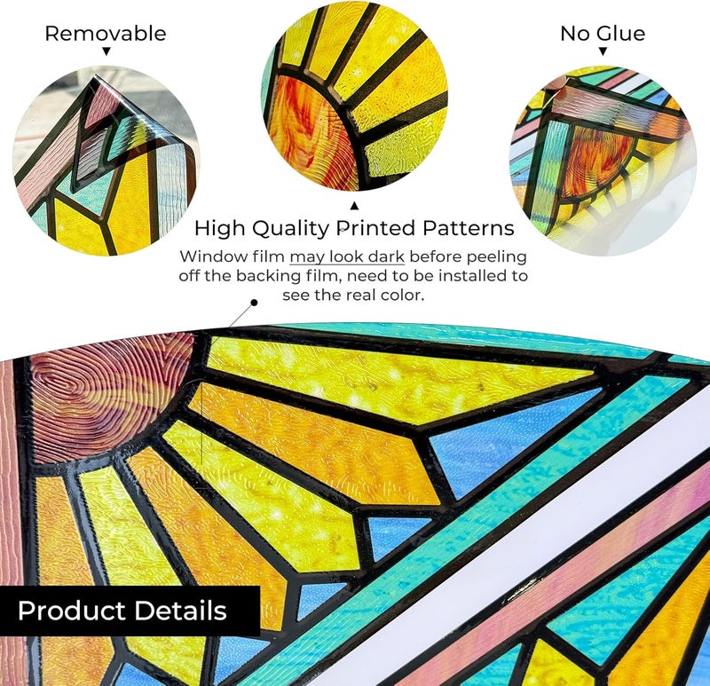 ADD.HERES Stained Glass Window Film Privacy for Glass Windows, Window Privacy Film UV Blocking Static Cling for Home Kitchen Office Bathroom, Geometric Sun 34.7x34.5D - Image 3