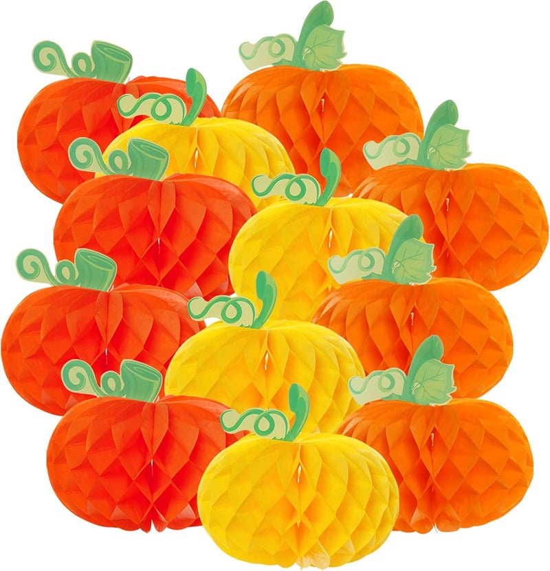 Sucrain 12 Pieces Tissue Paper Pumpkin 3D Honeycomb Pumpkins for Halloween Thanksgiving Party Favor Fall Festival Supplies （Orange, Red, Yellow） - Image 1