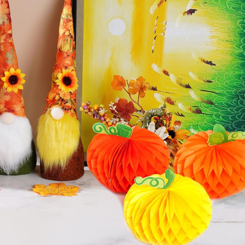 Sucrain 12 Pieces Tissue Paper Pumpkin 3D Honeycomb Pumpkins for Halloween Thanksgiving Party Favor Fall Festival Supplies （Orange, Red, Yellow） - Image 5