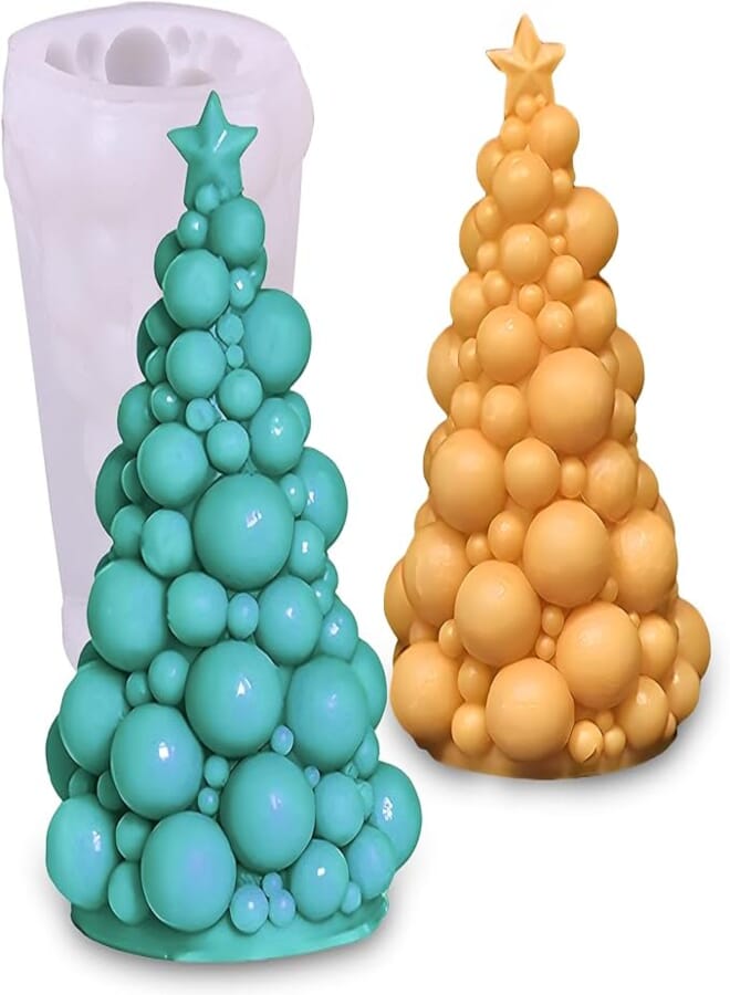 Japleed Christmas Candle Molds for Candle Making, 3D Bubble Shape Tree Fondant Chocolate Cake Decorating Silicone Molds, Cute Epoxy Resin Casting Mold, Christmas Ornament Mold for DIY Art Craft Decor
