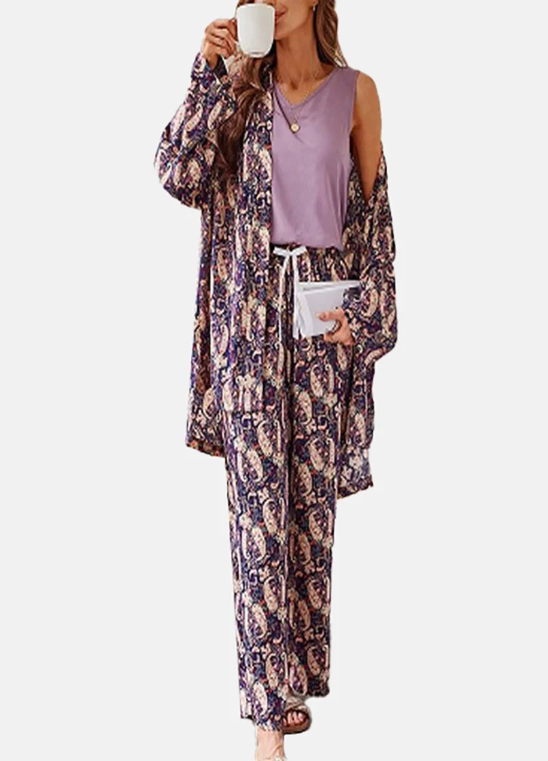 يونيكي Purple Ethnic Motifs Pyjamas,Robe & Crop Top