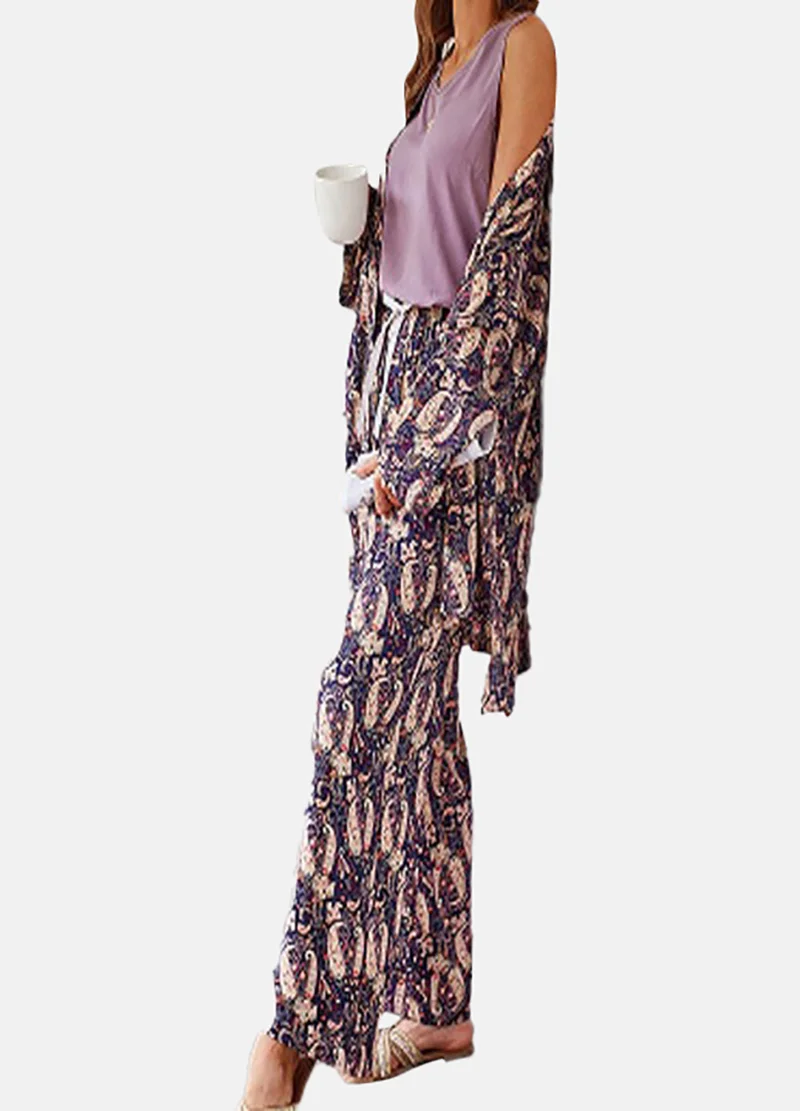 يونيكي Purple Ethnic Motifs Pyjamas,Robe & Crop Top