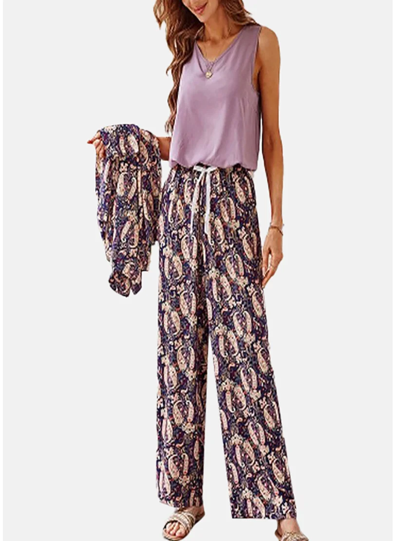 يونيكي Purple Ethnic Motifs Pyjamas,Robe & Crop Top