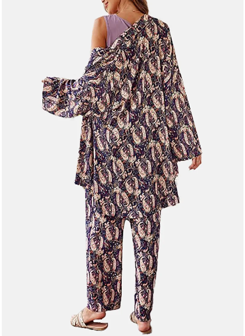 يونيكي Purple Ethnic Motifs Pyjamas,Robe & Crop Top