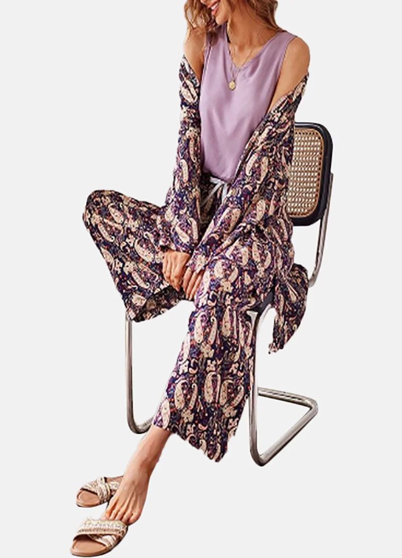 يونيكي Purple Ethnic Motifs Pyjamas,Robe & Crop Top