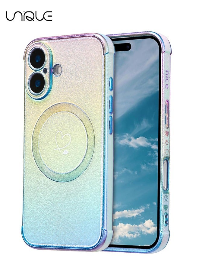 يونيك جراب مغناطيسي لجراب ايفون 16 6.1 انش ، حقيبة قزحية الألوان فاخرة لطيفة مع نمط قلوب الحب ، حماية عدسة الكاميرا حافة الطلاء حالة الهاتف للصدمات للنساء الفتيات ، أزرق - Image 1