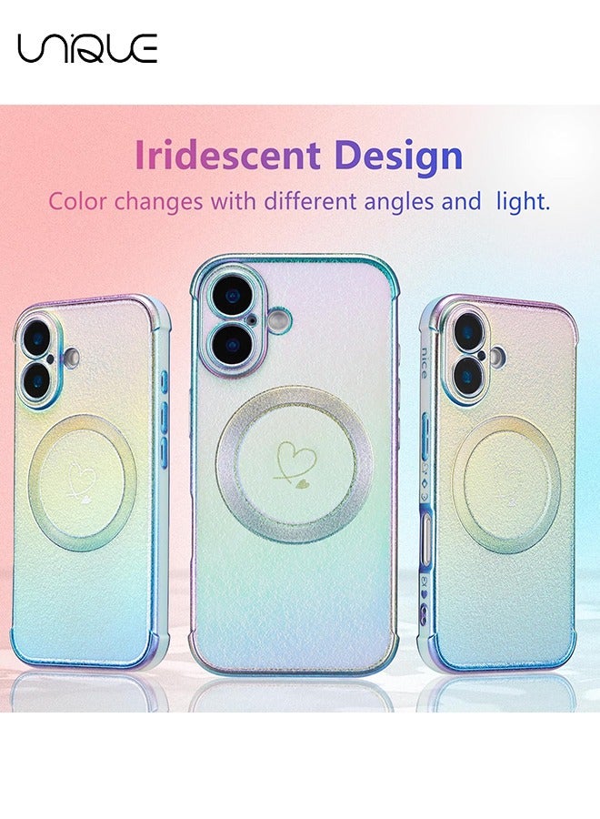 يونيك جراب مغناطيسي لجراب ايفون 16 6.1 انش ، حقيبة قزحية الألوان فاخرة لطيفة مع نمط قلوب الحب ، حماية عدسة الكاميرا حافة الطلاء حالة الهاتف للصدمات للنساء الفتيات ، أزرق - Image 2