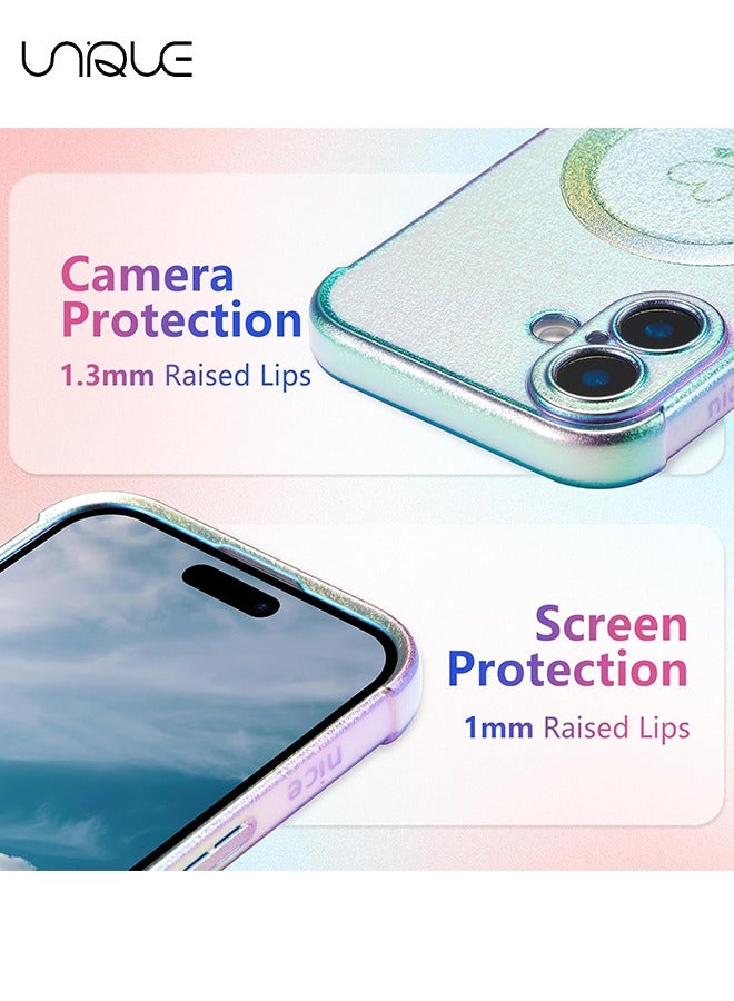 يونيك جراب مغناطيسي لجراب ايفون 16 6.1 انش ، حقيبة قزحية الألوان فاخرة لطيفة مع نمط قلوب الحب ، حماية عدسة الكاميرا حافة الطلاء حالة الهاتف للصدمات للنساء الفتيات ، أزرق - Image 3