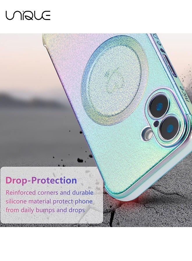 يونيك جراب مغناطيسي لجراب ايفون 16 6.1 انش ، حقيبة قزحية الألوان فاخرة لطيفة مع نمط قلوب الحب ، حماية عدسة الكاميرا حافة الطلاء حالة الهاتف للصدمات للنساء الفتيات ، أزرق - Image 4