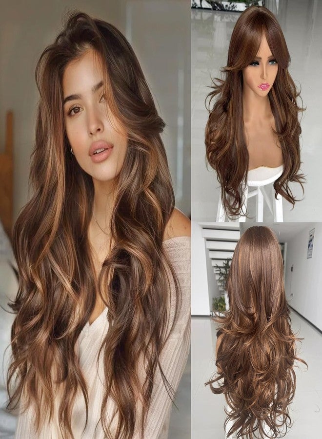 Aisaide Honey Blonde Long Wavy Layered Wig with Bangs for White Black Women Synthetic Honey Brown Mix Highlight Blonde Layered Wavy Wig for Women Daily Use 24inch 8H27 - Image 1