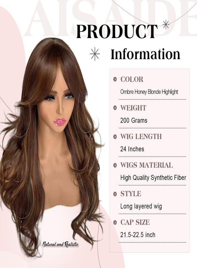 Aisaide Honey Blonde Long Wavy Layered Wig with Bangs for White Black Women Synthetic Honey Brown Mix Highlight Blonde Layered Wavy Wig for Women Daily Use 24inch 8H27 - Image 3