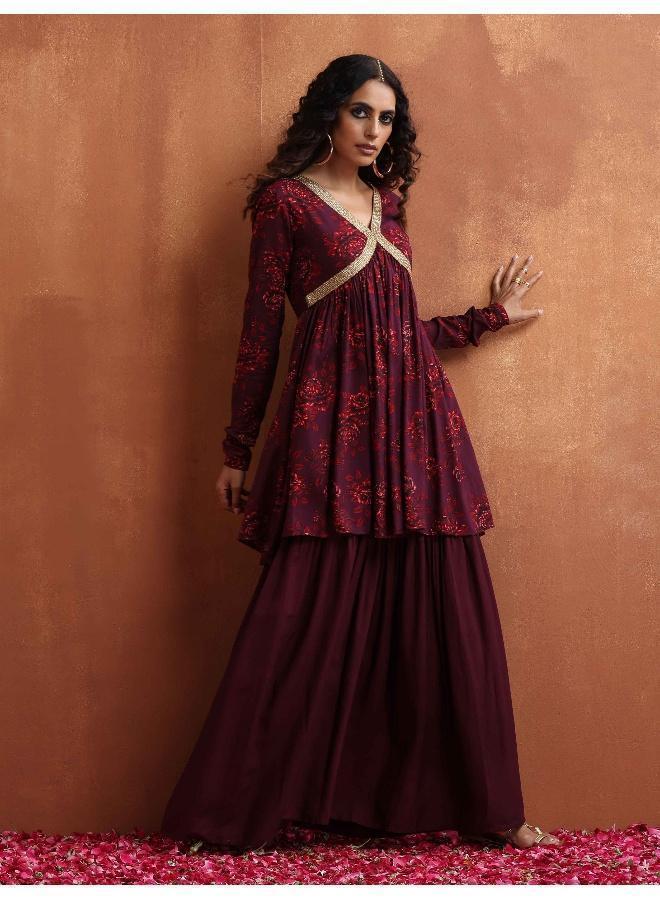 trueBrowns Purple Floral Print Sharara Set - Image 1