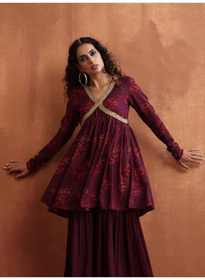 trueBrowns Purple Floral Print Sharara Set - Image 3