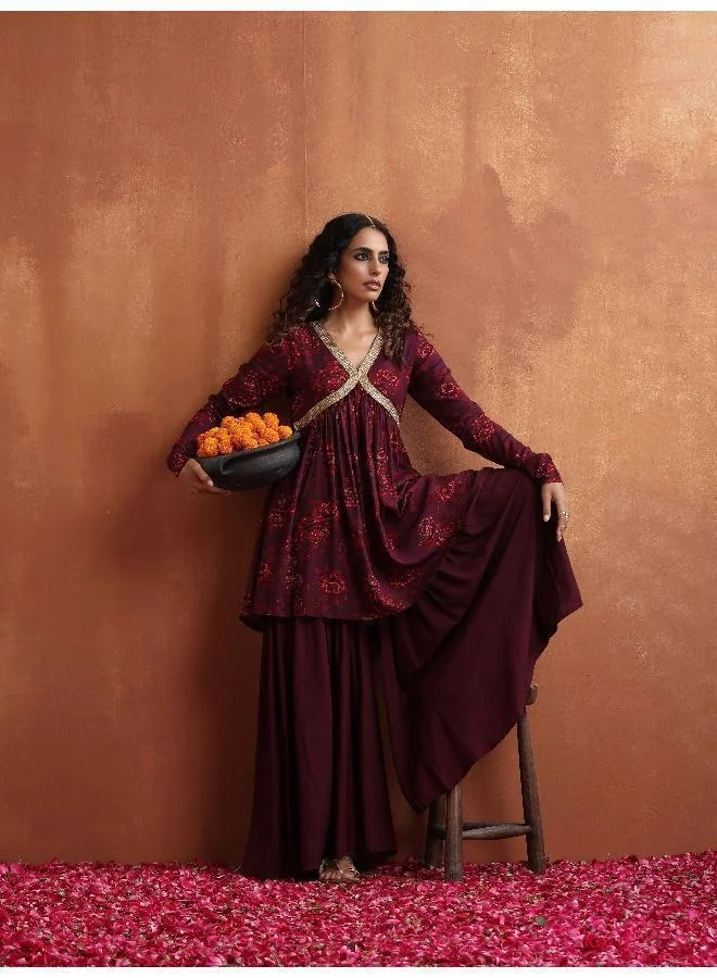 trueBrowns  Purple Floral Print Sharara Set for Women | Best Price UAE