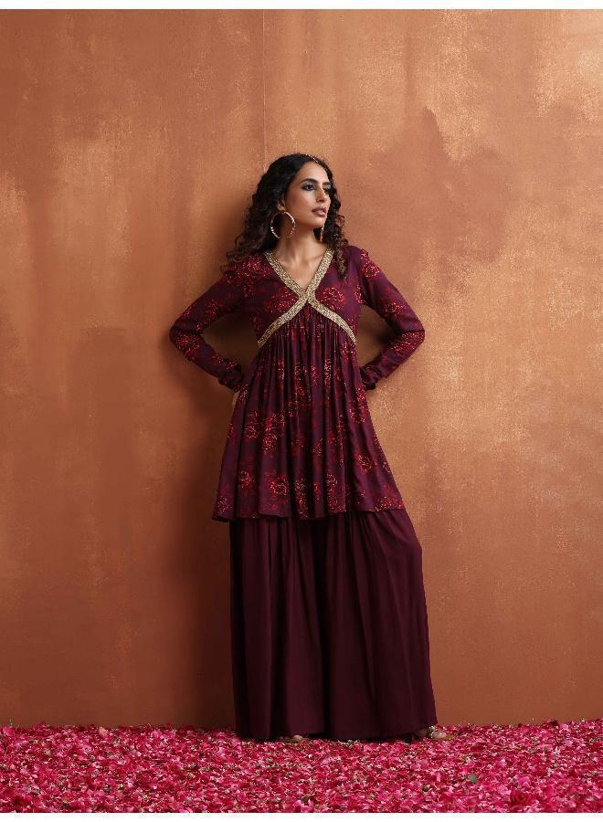 trueBrowns Purple Floral Print Sharara Set - Image 2