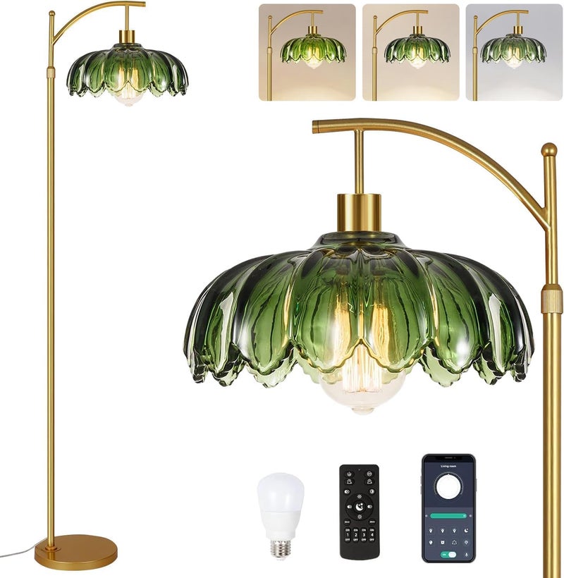 ILLMTW Floor Lamp for Living Room,Bedroom,Mid Century Modern Standing Lamp with Remote,Dimmable Gold Tall Lamp Glass Green Vintage Retro Arc Flower Floor Light Boho Bohemian - Image 1