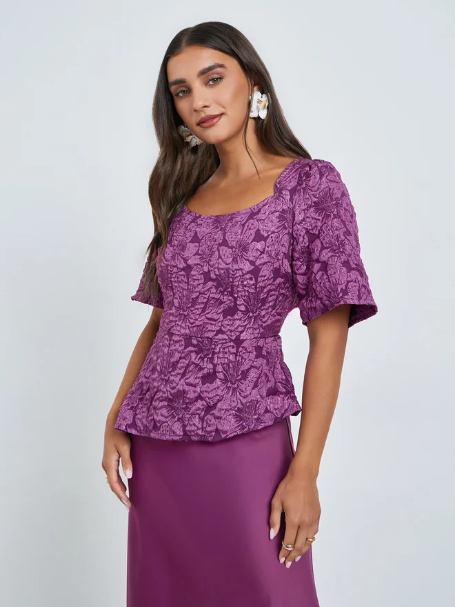 Styli Styli Magenta Jacquard Puff Sleeve Maxi Dress