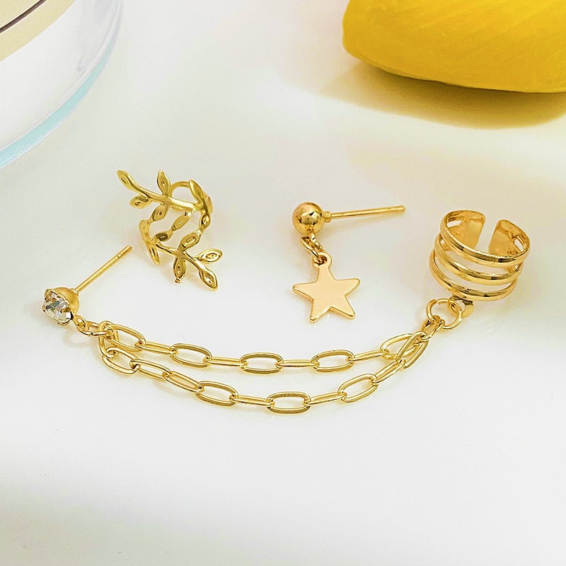 ofeankri Cross-Border New Fashionable Personalized Round Ear Clip Earrings for Women with Star and Chain Design - Image 3