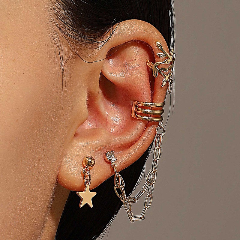 ofeankri Cross-Border New Fashionable Personalized Round Ear Clip Earrings for Women with Star and Chain Design - Image 2