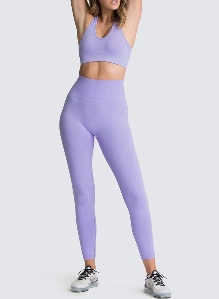 Loquat Fitness Back Bra Solid Color Sports Set Purple - Image 1