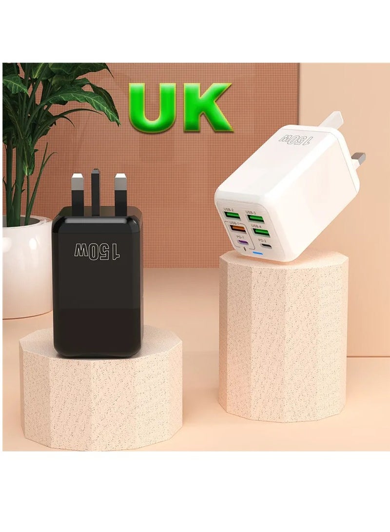 150W 6-port PD QC 3.0 USB C fast charger wall adapter super fast charging suitable for iPhone, Samsung, iPad, Xiaomi, Huawei OnePlus, OPPO (white) - Image 5