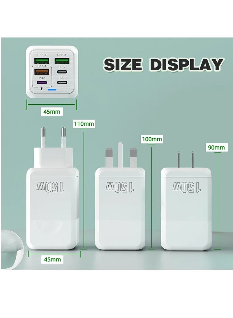 150W 6-port PD QC 3.0 USB C fast charger wall adapter super fast charging suitable for iPhone, Samsung, iPad, Xiaomi, Huawei OnePlus, OPPO (white) - Image 3