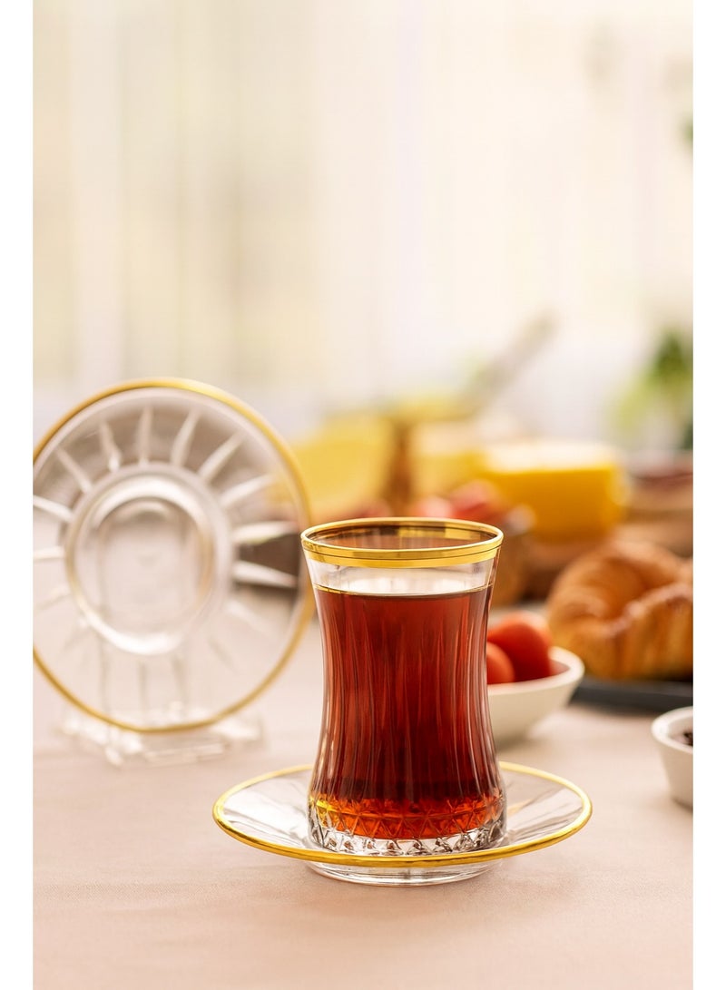 باساباش طقم كاسات شاي اليسيا من الزجاج 6 كاسات + 6 صحون مع ديكور ذهبي - Image 1