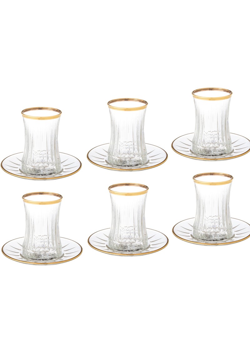 باساباش طقم كاسات شاي اليسيا من الزجاج 6 كاسات + 6 صحون مع ديكور ذهبي - Image 3