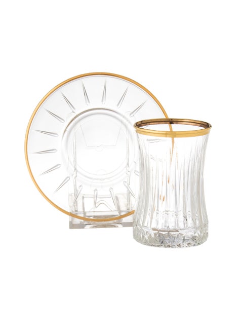 Alicia glass tea cup set, 6 cups + 6 saucers, with golden decor