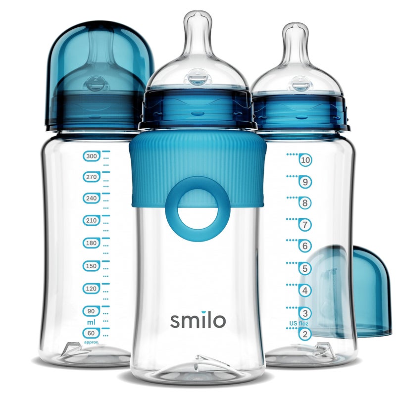 Smilo Baby Bottle Set with Stage 0 Slow Flow Anti Colic Nipple, 10 Oz / 300 ml Capacity, 3X Pack of Anti Colic Baby Bottles 0-3 Months - Aqua Blue - Image 1