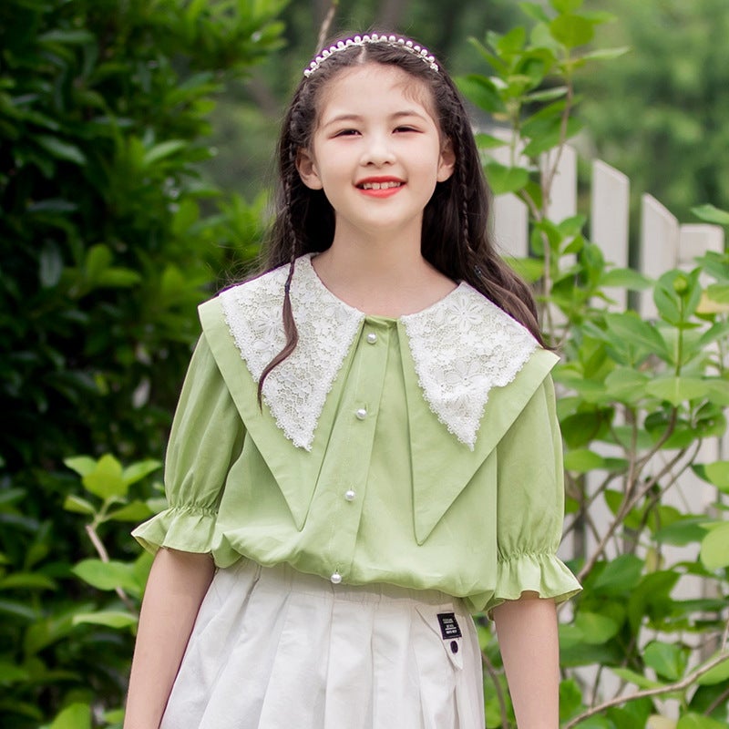 Girls suit 2025 Summer New Parcel Suit Big Childrens Summer Shirt Childrens Pleated Skirt Two-piece Set green shirt  - Image 1