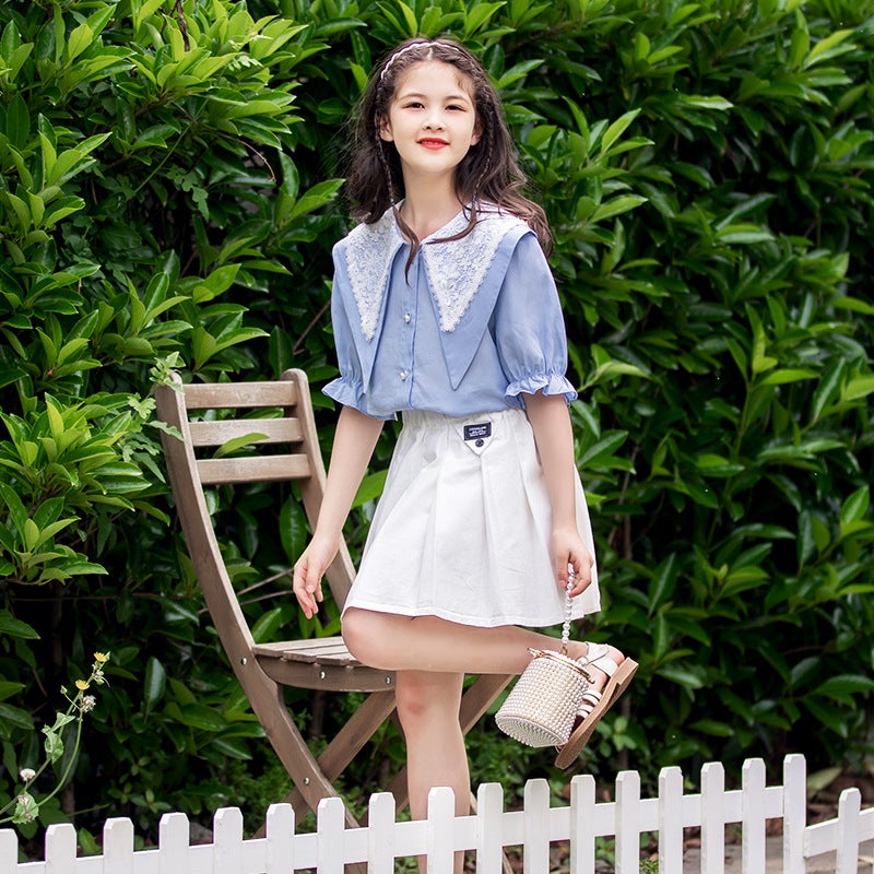 Girls suit 2025 Summer New Parcel Suit Big Childrens Summer Shirt Childrens Pleated Skirt Two-piece Set green shirt  - Image 2